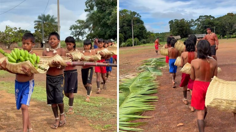 video:-criancas-xavantes-fazem-mostra-de-alimentos-em-entrega-de-veiculo-em-mt